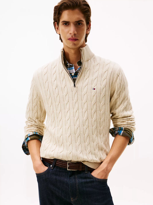 Cable Knit Mockneck Quarter-Zip Sweater