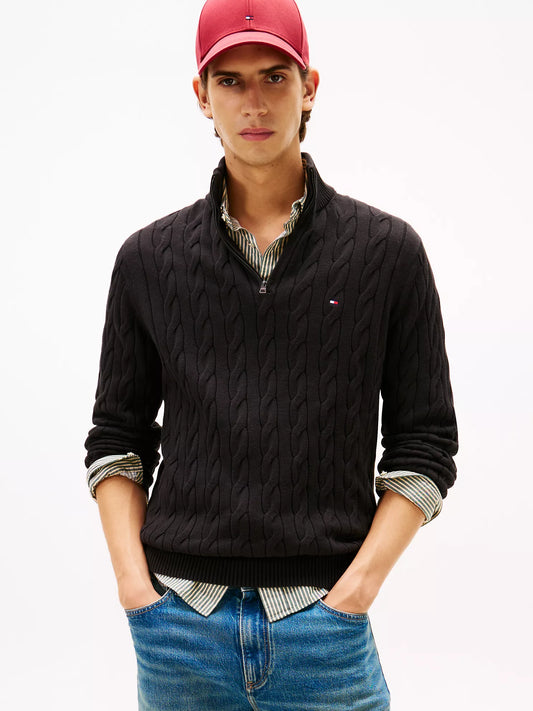 Cable Knit Mockneck Quarter-Zip Sweater